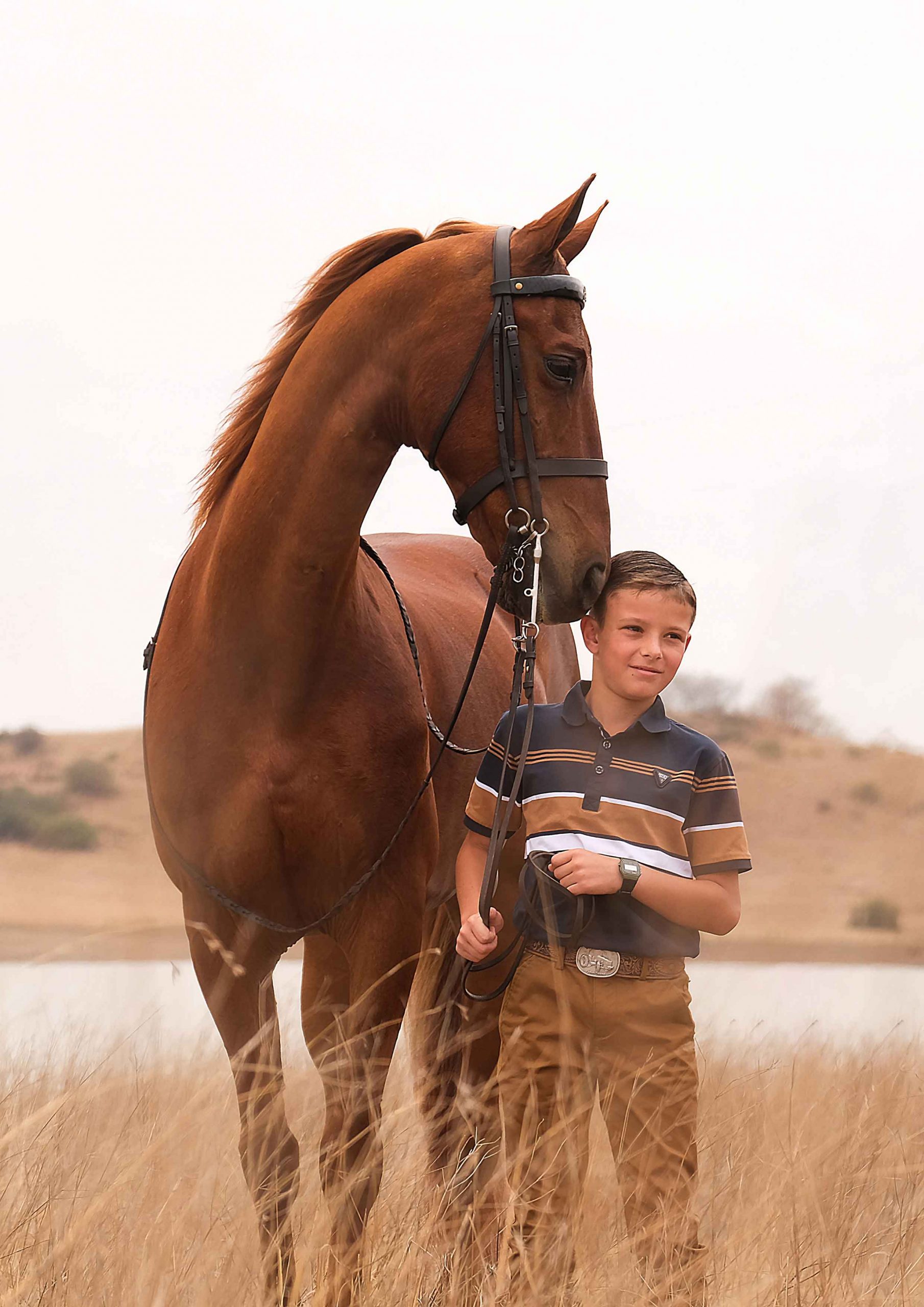 Teenage boy in a striped polo shirt holding the lead of a chestnut horse in dry grass near a lake