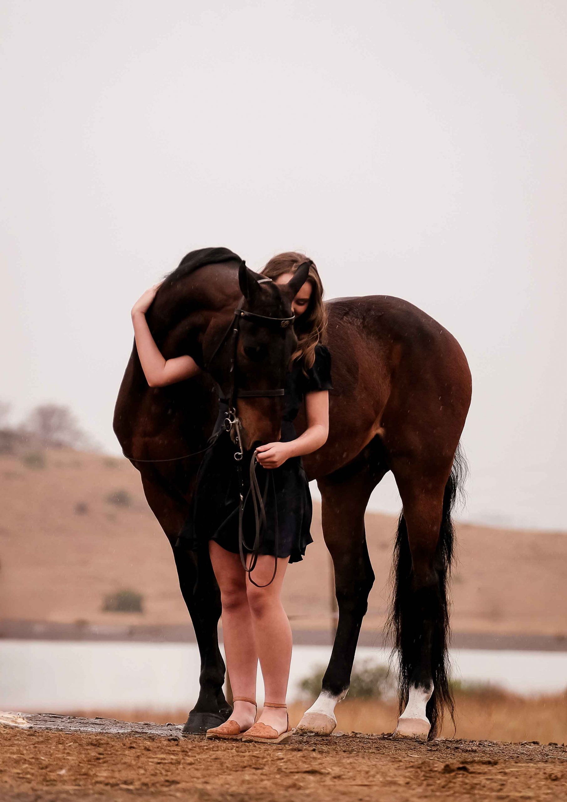 Girl in a black dress leaning her head into the face of a dark bay horse near a lake