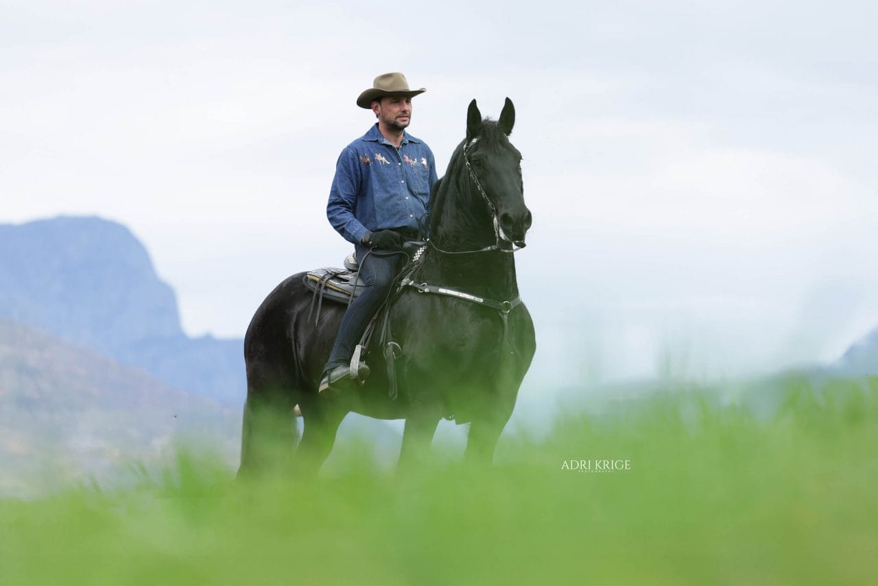 Man in a denim shirt and cowboy hat riding a black horse through tall grass with mountains behind