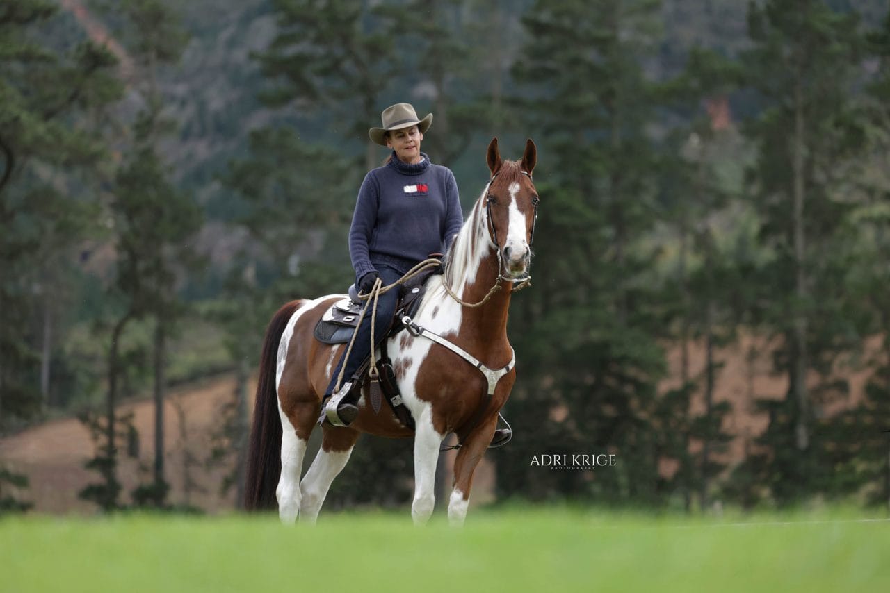 Woman in a cowboy hat riding a brown and white horse