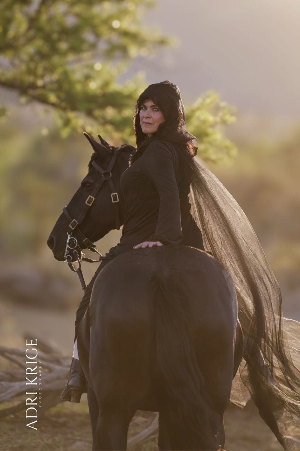 Woman in a flowing black gown riding a dark horse bareback, seen from behind in golden light