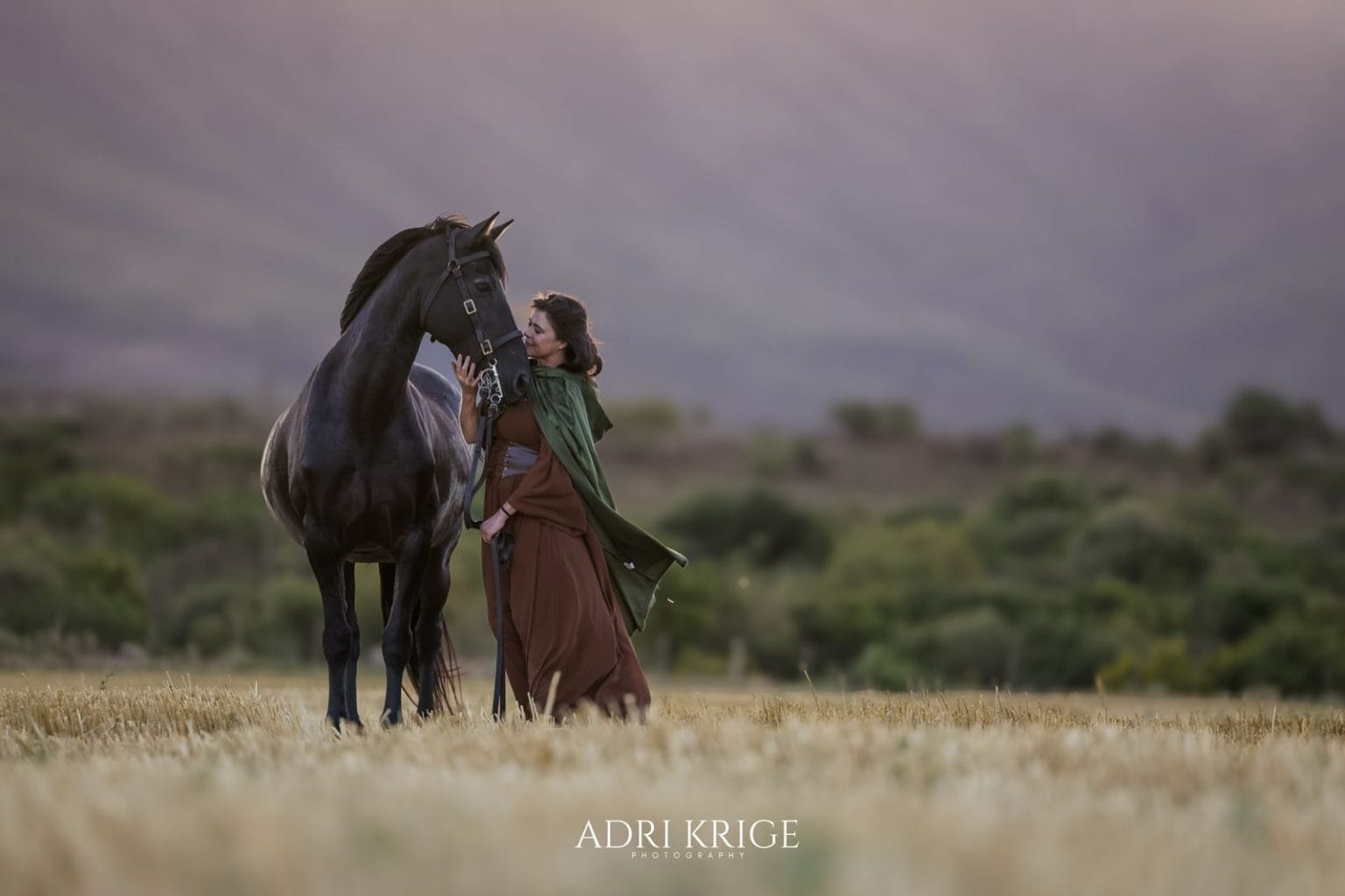 Woman in a medieval-style cloak touching the face of a black horse in golden light