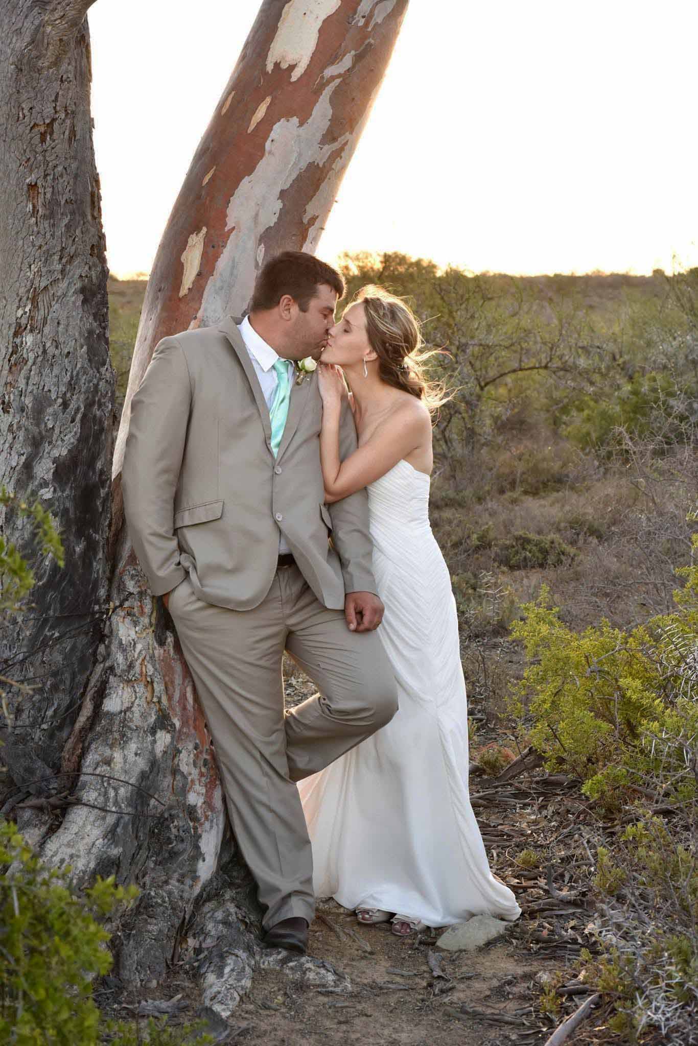 Bride in a strapless white gown kissing her groom in a stone suit and mint tie as he leans against a gum tree in the veld at sunset, elopement and wedding photography by Adri Krige, Eastern Cape wedding photographer